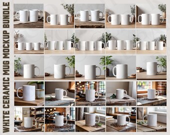 Bundle med vit keramikmuggmodell, kaffemuggmodeller, kaffekoppmodellset JPG, minimalistisk muggmodell, köksskrivbordsmodell, POD Canva