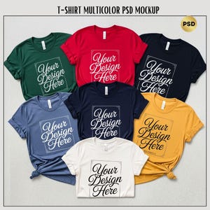 Paquete de maquetas PSD de camisetas / Maqueta de camiseta multicolor con objeto inteligente de Photoshop / Maqueta de camiseta estilo Bella Canvas / Maqueta de ropa a 300 DPI