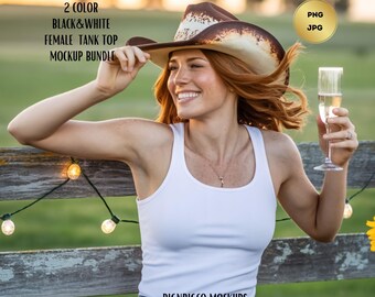 Weibliches Tank Top Mockup Bundle Schwarz Weiß | Frauen Tank Top Mockup PNG JPG | Western Cowgirl Shirt Mockup