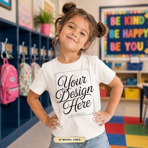 Smiling school girl wearing a blank natural cream T-shirt in a colourful elementary classroom, back-to-school kids shirt mockup for custom designs.