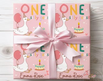 Personalized Silly Goose 1st Birthday Wrapping Paper: Pink Party Decor