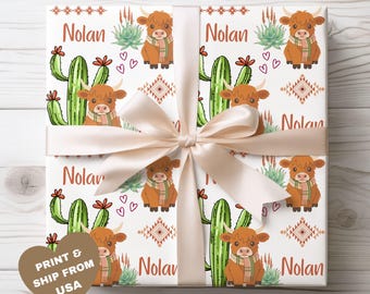 Highland Cow Wrapping Papers, Animal Gift Wrap Sheets, Cactus Scrap Design