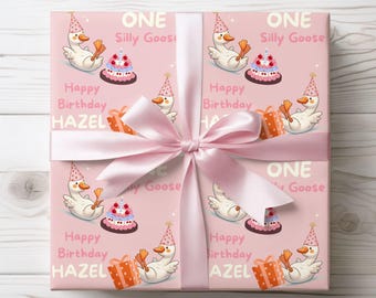 Personalized One Silly Goose Pink Gift Wrap Papers for First Birthday Celebrations, Custom Wrapping Paper, Kids Birthdays, Party Supplies