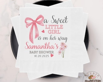 Personalized Baby Shower Napkins: Pink Bow Floral Design, Custom Party Decor