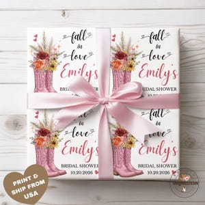 Papel de regalo "Enamórate", envoltorio de regalo para despedida de soltera con temática vaquera, boda western personalizada, temática de rodeo "Botas y burbujas".