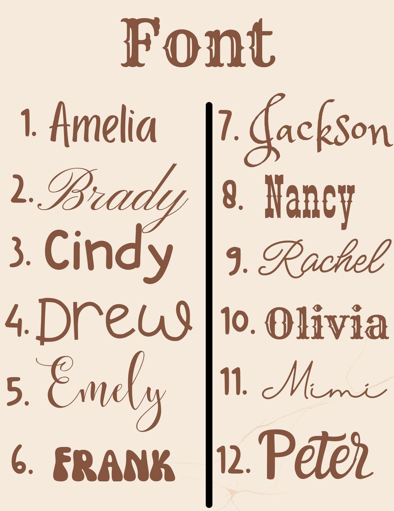 Puede incluir: Un gr&aacute;fico con la palabra "Font" en la parte superior, seguido de una lista de 12 nombres en diferentes fuentes. Los nombres son Amelia, Brady, Cindy, Drew, Emely, FRANK, Jackson, Nancy, Rachel, Olivia, Mimi y Peter.
