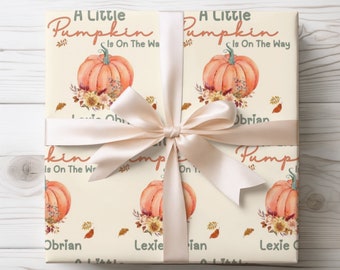 Pumpkin Baby Shower Wrapping Paper, A Little Pumpkin Is On the Way Wrapping Paper, Personalized Gender Natural Fall Baby Shower Gift for Her