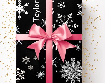 Personalized Snowflake Christmas Wrapping Paper, Black and White Gift Wrap, Elegant Christmas Paper, Preppy Wrapping Paper, Minimalist Gift