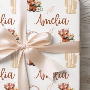 highland cow wrapping paper with name
