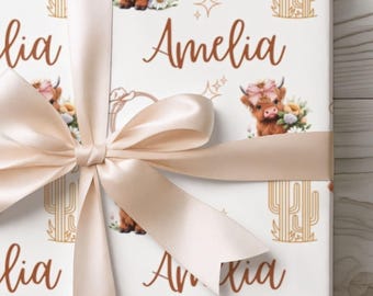 Personalized Highland Cow Gift Wrap, Wooly Cow Wrapping Paper