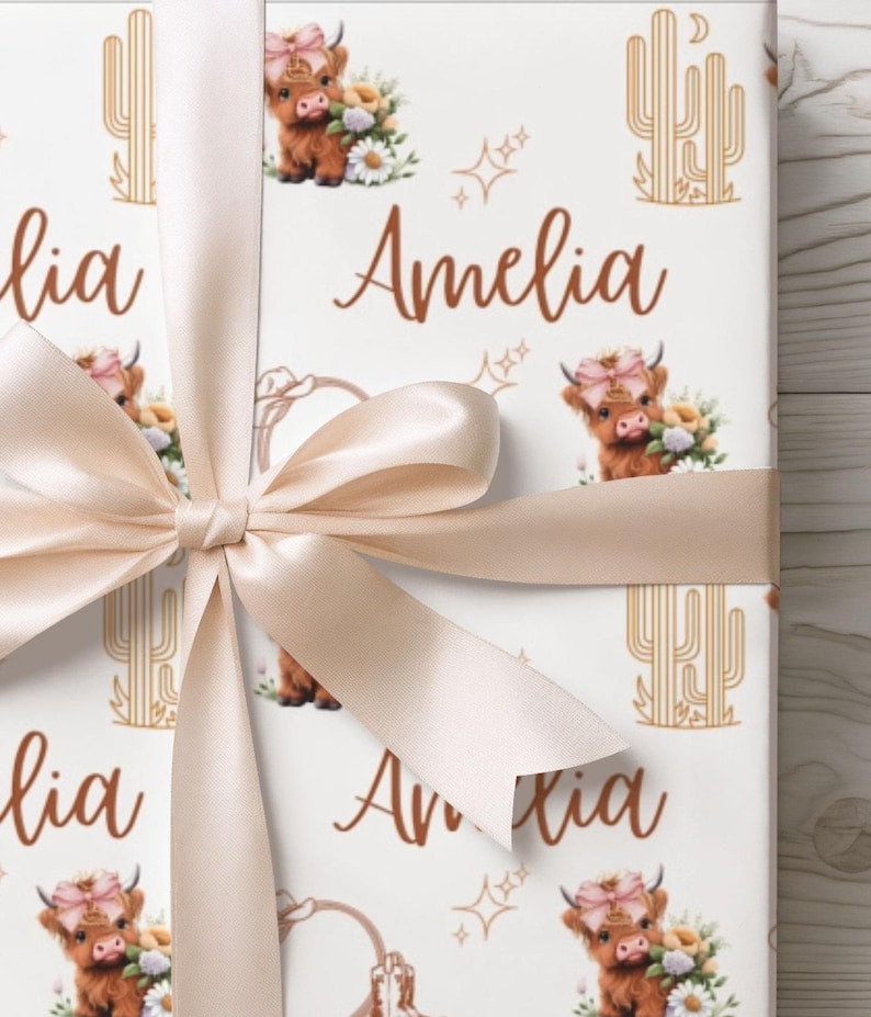 highland cow wrapping paper with name