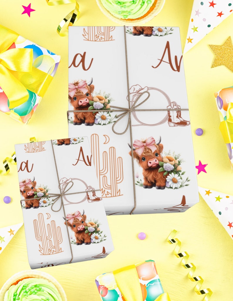 cute highland cow gift wrap for baby shower