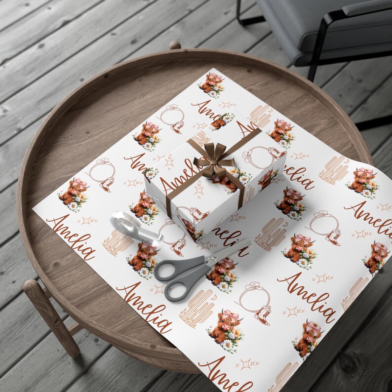 Personalized highland cow wrapping paper for baby shower