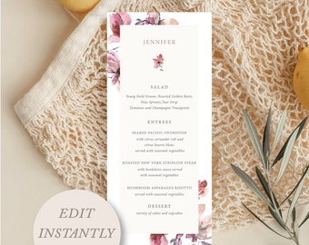 DIY Floral Menu Template | Pink Floral Wedding Menu Template | 4x9 Menu | Digital Download Custom Menu Card | Summer Bridal Shower Menu