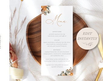 Fall Citrus Floral Wedding Menu Template | Orange Floral Wedding Menu Template | Garden 4x9 Menu | Digital Download Custom Menu Card