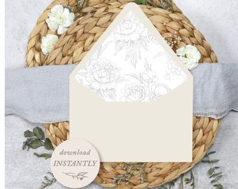 Grey Floral Printable Envelope Liners | Instant Download Garden Envelope Liners for Wedding Invites or Events | A7 Envelope Liners