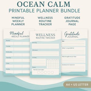 Planificador imprimible Ocean Calm: planificador semanal, registro de bienestar y diario de gratitud (tamaño A4 + carta EE. UU.)