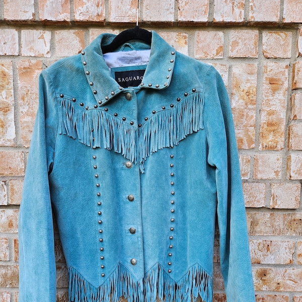 80s Vintage Genuine Suede  Western Fringed Jacket - Turquoise - Satin lining - Metal buttons and studs - Women's Large Regular