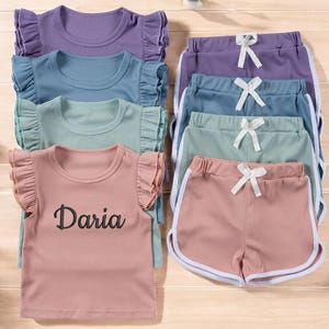 子供用お揃いシャツとパンツ、パーソナライズされた子供用衣装セット、刺繍入りサマーTシャツとショーツ、カスタムベビー幼児服、リブ編みセット