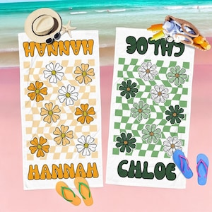 Serviette de plage personnalisée de style rétro, style nom, serviette de piscine personnalisée, serviette de plage avec nom à l'extérieur, anniversaire, cadeau de vacances avec nom, cadeau de la mariée