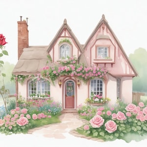 Rose Cottage Digital Clipart - 5 High Quality JPGs Instant Downloadable - Digital Planner, Wallpaper, Wall Hanging, Printable, Card Making.