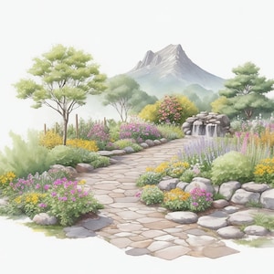 Instant Downloadable 5 Beautiful Mountain With Garden Art For Decoration- Wallpaper/Wall Hanging/Printable. High Quality 4096x3072 Clipart.