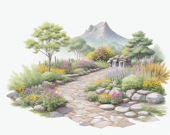Instant Downloadable 5 Beautiful Mountain With Garden Art For Decoration- Wallpaper/Wall Hanging/Printable. High Quality 4096x3072 Clipart.
