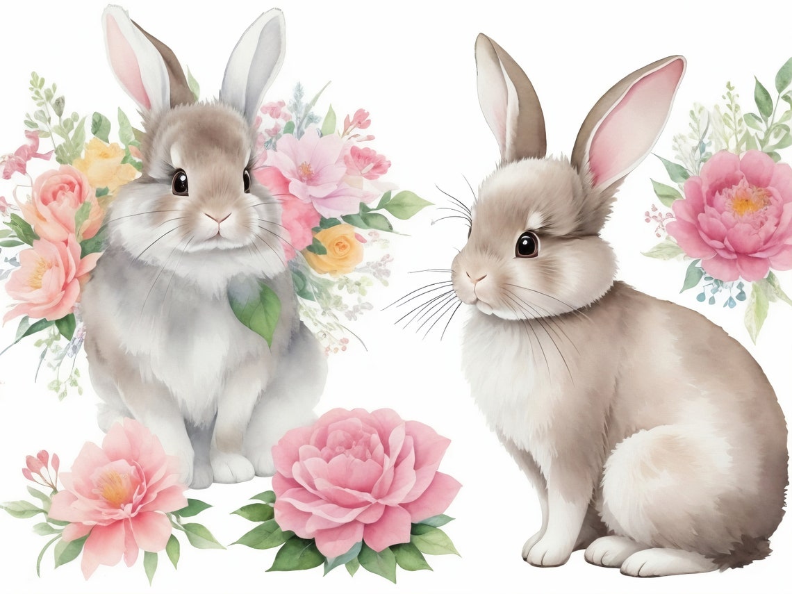 Bunnies With Flowers Digital Clipart 5 High Quality Jpgs Digital ...