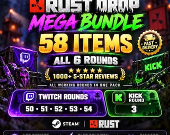 May include: A digital promotional graphic for a Rust Drop Mega Bundle featuring 58 items across 6 rounds. The text includes Twitch + Kick Drops, 1000+ 5-star reviews, and lists Twitch rounds 50 through 54 and Kick round 3. Steam and Rust logos are visible.
