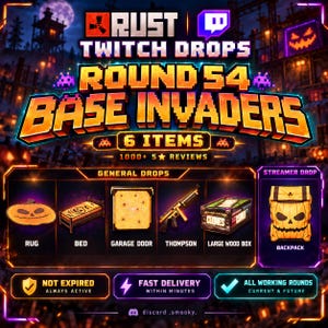 Könnte beinhalten: Eine digitale Werbegrafik für Rust Twitch Drops Round 54 Base Invaders mit sechs Spielgegenständen: ein Kürbis-Teppich, ein Bett, ein Garagentor mit Spinnennetz, eine Thompson-Maschinenpistole, eine große Holzkiste und ein Kürbis-Rucksack mit Text.