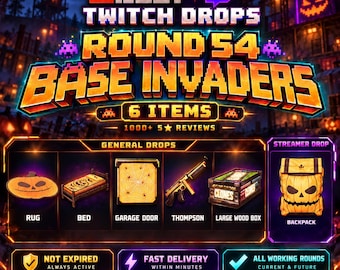May include: A digital promotional graphic for Rust Twitch Drops Round 54 Base Invaders featuring six game items: a pumpkin rug, bed, spiderweb garage door, Thompson submachine gun, large wood box, and a pumpkin backpack, with text overlays.