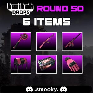 Puede incluir: Imagen promocional para Twitch Drops Ronda 50, con seis artículos. La imagen incluye una variedad de armas y equipo, todos con una combinación de colores rosa y negro. El texto en la imagen dice "Twitch Drops", "Ronda 50" y "6 Items".