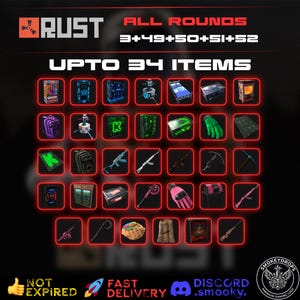 以下が含まれることがあります： Rustのデジタルグラフィックで、ALL ROUNDS 3+49+50+51+52およびUPTO 34 ITEMSというテキストが表示されています。画像には、武器、ツール、家具、装備など、34種類のゲーム内アイテムがグリッド状に並んでおり、それぞれが赤い四角い枠で囲まれています。