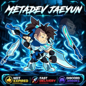 Puede incluir: Una ilustración digital del personaje METADEV JAEYUN, con cabello oscuro, armadura azul y plateada, y espadas azules brillantes. El personaje está rodeado de efectos de energía azul sobre un fondo oscuro con texto.