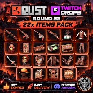 May include: A promotional graphic for Rust Twitch Drops Round 53, featuring a 22-item pack. The image displays a grid of various in-game items including weapons, clothing, armor, and storage containers, all set against a dark, fiery background.