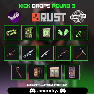 Puede incluir: Una pantalla digital titulada KICK DROPS ROUND 3 que muestra varios objetos del juego Rust, incluyendo cajas de almacenamiento verdes brillantes, guantes, armas como rifles y una ballesta, un pico, una hoz, una mochila de mono y puertas, con el texto .smooky.