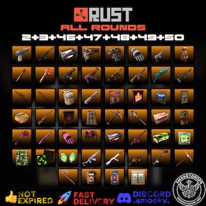 Puede incluir: Una cuadrícula digital titulada RUST ALL ROUNDS 2+3+46+47+48+49+50 que muestra varios objetos de juego, incluyendo armas de fuego, armas cuerpo a cuerpo, herramientas, ropa y contenedores en cuadrados naranjas, con el texto NOT EXPIRED y DISCORD .smooky.