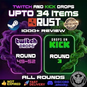 Peut inclure: Un graphique numérique faisant la promotion d'objets pour le jeu Rust avec le texte Twitch and Kick Drops, Upto 34 Items, 1000+ Review et des numéros de rounds. Le design inclut des effets de fumée violette et verte, un logo Steam et un badge.