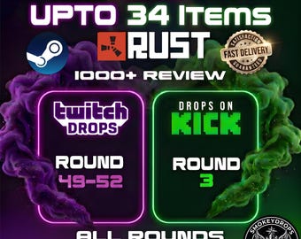 May include: A digital graphic promoting Rust game items featuring the text Twitch and Kick Drops, Upto 34 Items, 1000+ Review, and specific round numbers. The design includes purple and green smoke effects, a Steam logo, and a satisfaction badge.