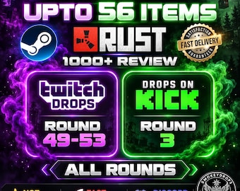May include: A digital graphic for Rust game items featuring Twitch and Kick drops. Text includes UPTO 56 ITEMS, RUST, 1000+ REVIEW, TWITCH DROPS ROUND 49-53, DROPS ON KICK ROUND 3, ALL ROUNDS, NOT EXPIRED, FAST DELIVERY, and DISCORD .smooky.