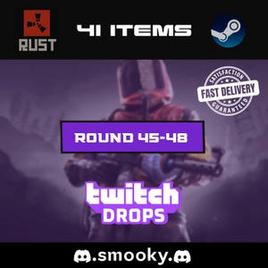 May include: Image featuring the game "Rust" with the text "41 Items" and "Round 45-48". The image also includes the Steam logo, a "Twitch Drops" logo, and a "Satisfaction Fast Delivery Guaranteed" seal.