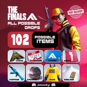 Può includere: Grafica promozionale per il gioco "The Finals", con una donna con una pistola e vari oggetti di gioco. Include un ciondolo, un adesivo, uno schermo, un'emote, armi, gadget, skin ed emblemi. Il testo include "All Possible Drops", "102 Possible Items" e "Fast Delivery Guaranteed."