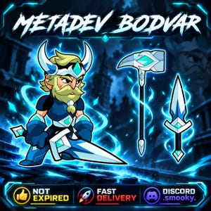 Puede incluir: Una ilustración digital del personaje Metadev Bodvar con cabello rubio, barba y casco con cuernos, vistiendo una armadura azul. El personaje sostiene una espada grande, con un martillo y una daga separados, todos brillando con energía azul.
