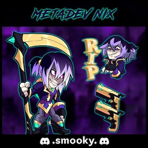 Peut inclure: Illustration numérique d'un personnage aux cheveux violets et blancs tenant une faux dorée. L'image comprend le texte "METADEV NIX" et "RIP", ainsi que deux pistolets dorés et une illustration plus petite du personnage. Un identifiant de réseau social est affiché en bas.