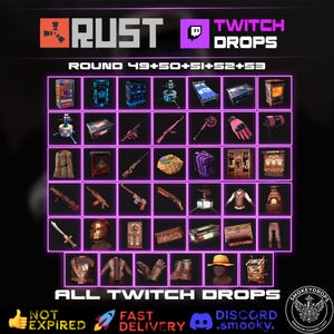 Puede incluir: Una cuadrícula digital para los Twitch Drops de Rust, rondas 49 a 53, que muestra varios objetos del juego, incluyendo armas, ropa, muebles y herramientas. El gráfico incluye los logotipos de Rust y Twitch y texto sobre los drops activos.