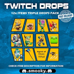 Puede incluir: Un gráfico promocional para Twitch Drops, que presenta 12 elementos en un paquete de triple drops. El diseño incluye ilustraciones de personajes, iconos y texto como "Agent of Chaos TITLE" y "BRB". El gráfico también incluye el texto "CHECK ITEM DESCRIPTION FOR INFORMATION".