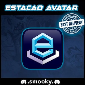 Könnte beinhalten: Digitalgrafik mit dem Text "ESTACAO AVATAR" in Weiß und Blau. Die Grafik zeigt ein blaues und weißes geometrisches Design in einem dunkelblauen Quadrat mit einem Siegel "Schnelle Lieferung garantiert". Die Grafik enthält auch den Text ".smooky." unten.