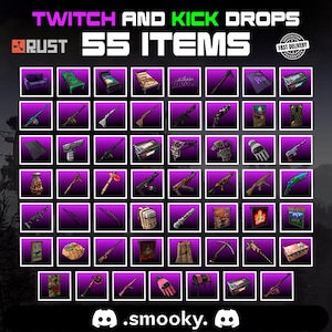 Pode incluir: Imagem promocional de itens do jogo Rust, apresentando 55 itens dispostos em uma grade. Os textos "Twitch and Kick Drops" e "55 Items" são visíveis. A imagem inclui vários objetos do jogo, como armas, móveis e outros itens relacionados ao jogo.