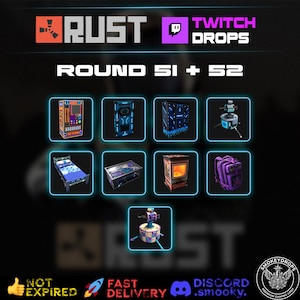 Könnte beinhalten: Eine digitale Grafik für Rust Twitch Drops Runde 51 und 52 mit neun Spielgegenständen in leuchtend blauen Quadraten. Die Gegenstände umfassen einen Verkaufsautomaten, eine Tür, eine Wand, einen Geschützturm, ein Bett, einen Tisch, einen Ofen, einen Rucksack und einen zweiten Geschützturm. Text: RUST, TWITCH DROPS, ROUND 51 + 52, NOT EXPIRED, FAST DELIVERY, DISCORD .smooky.
