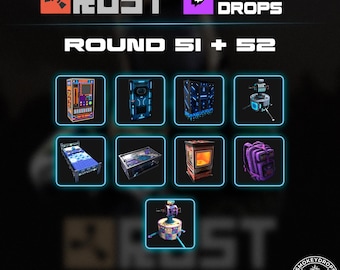 May include: A digital graphic for Rust Twitch Drops Round 51 and 52 featuring nine game items in glowing blue squares. Items include a vending machine, door, wall, turret, bed, table, furnace, backpack, and a second turret. Text includes RUST, TWITCH DROPS, ROUND 51 + 52, NOT EXPIRED, FAST DELIVERY, and DISCORD .smooky.